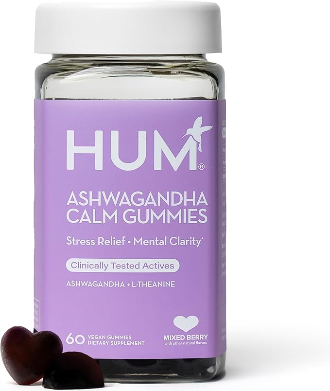 HUM Ashwagandha Calm- L-Theanine & Ashwagandha for Daily Relaxation & Mood Support - Mixed Berry Flavor (60-Count)