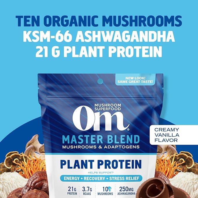 OM MUSHROOM SUPERFOOD Master Blend Plant-Based Protein Powder, 16 Servings, Creamy Vanilla with 10 Mushroom Blend & Adaptogens for Recovery