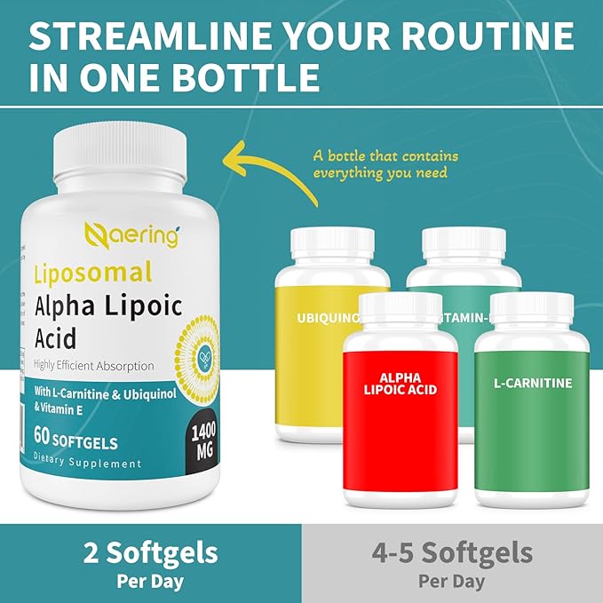 Liposomal Alpha Lipoic Acid 1400mg Softgels, ALA Supplement with L-Carnitine 1000mg, Ubiquinol (Active CoQ10) 100mg and Vitamin E 10mg,Alpha-Lipoic Acid for Antioxidants, Energy 60 Softgels