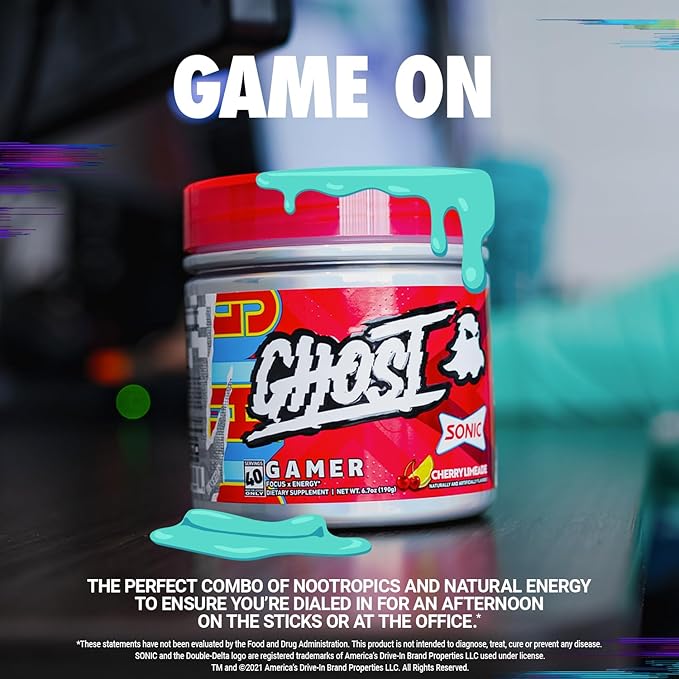 GHOST Gamer: Energy and Focus Support Formula - 40 Servings, Sonic Cherry Limeade - Nootropics & Natural Caffeine for Attention, Accuracy & Reaction Time - Vegan, Gluten-Free