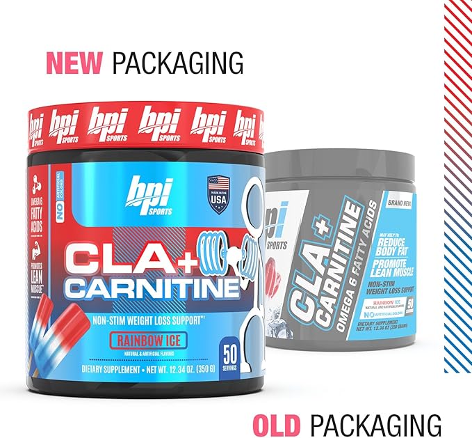 BPI Sports CLA + Carnitine – Conjugated Linoleic Acid – Performance, Lean Muscle – Caffeine Free – For Men & Women – Rainbow Ice – 50 servings – 12.34 Oz. (Packaging may vary)