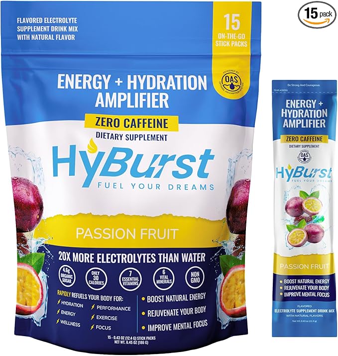 Electrolytes Powder Packets, Hydration Amplifier + Energy, Vitamins D3 K2 & B6 B12, L-Theanine, Cane Sugar, Caffeine Free Energy Drink Powder | Passion Fruit, 15 Pack