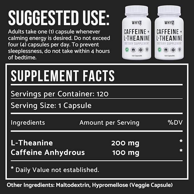WHYZ Caffeine Pills with L-Theanine, 120 Capsules, Nootropic Stack Energy Pills, Energy Vitamins for Sustained Energy Focus & Cognitive Function, L Theanine Caffeine Energy Supplements for Women & Men
