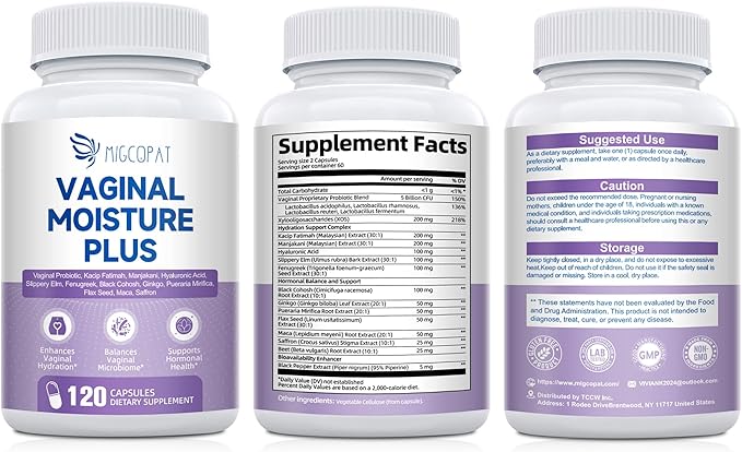 Vaginal Moisture Capsules, Women Vaginal Probiotics with Prebiotics & Lactobacillus Probiotic Blend, Support Vaginal Flora, Hormone Balance - Fenugreek Seed Extract, Slippery Elm, 120 Count