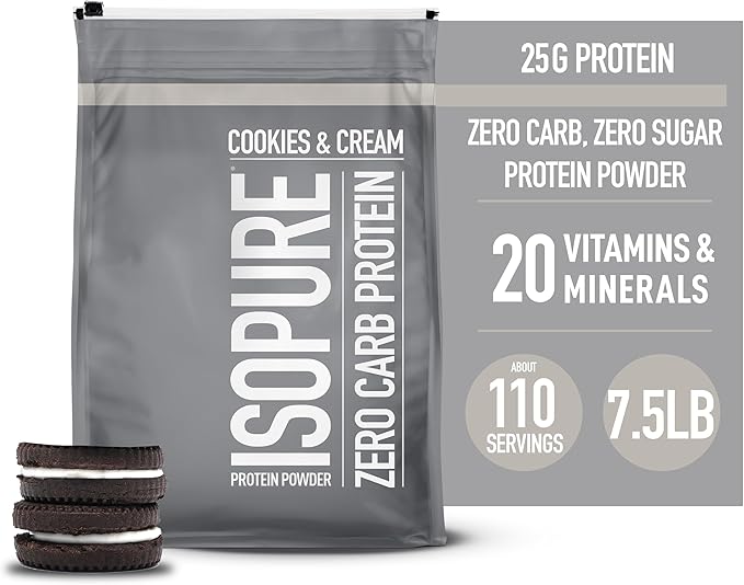 Isopure Zero Carb 100% Pure Whey Isolate Protein Powder, Lactose Free, Gluten Free, With Vitamins, Cookies & Cream, 25g Protein Per Serving, 7.5 Lbs, 110 Servings