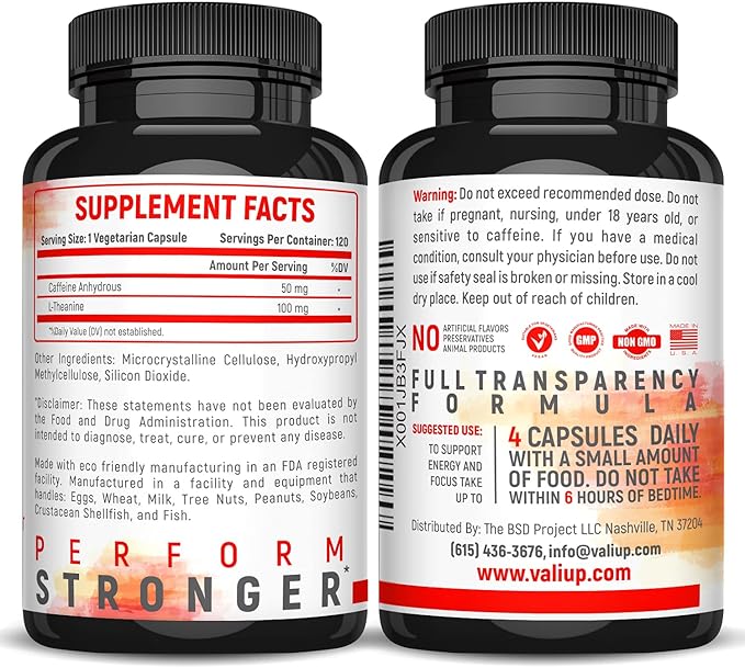 VALI Caffeine 50mg & L Theanine 100mg - Caffeine Pills & L-Theanine for Smart Smooth Energy & Focus Supplement. Nootropic Brain Booster Cognitive Support Stack & Focused Clarity. 120 Veggie Capsules