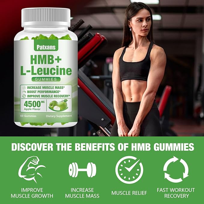 1 Pack HMB and L-Leucine Gummies, 4500mg, for Muscle Growth, Muscle Relief and Workout Recovery, for Men & Women, Non-GMO, Vegan, Gluten Free, Apple Flavor, 60 Count.
