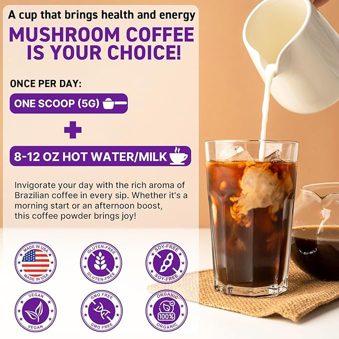 Mushroom Coffee Organic, 11 Mushrooms + 8 Adaptogenic Herb Mushroom Coffee for Focus, Energy, Digestion & Immune Support| Cordyceps, Lion’s Mane, Reishi, Chaga & Ashwagandha| Gluten Free, 30 Servings