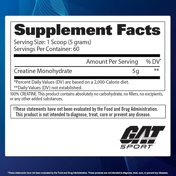 GAT SPORT Creatine Monohydrate Powder, 300 Grams, Strength, Brain Health, Anti-oxidant, Endurance, for Men & Women, 2 Month Supply, Unflavored (60 Servings)