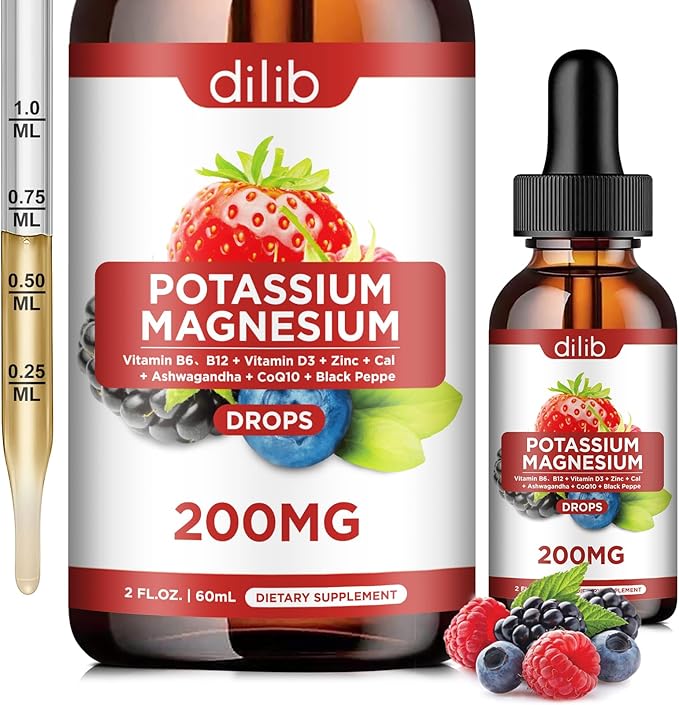 Potassium Magnesium Citrate Supplement, Liquid Magnesium Citrate Drops 200mg with Ashwagandha, Calcium, Zinc, Vitamin D3, B6, B12, CoQ10 - Vegan 2 fl oz Mix Berry Flavor