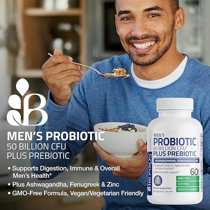 Bronson Men's Probiotic 50 Billion CFU Plus Prebiotic with Ashwagandha, Fenugreek & Zinc, Supports Healthy Digestion & Immune Function Non-GMO, 60 Vegetarian Capsules