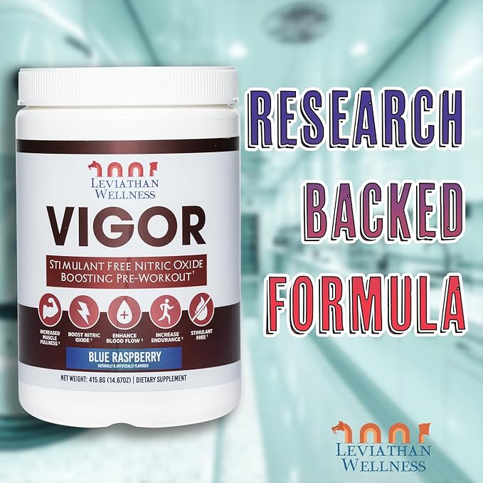Vigor - Stimulant-Free Nitric Oxide Pre-Workout Powder | L-Citrulline (5000mg), Malic Acid (2000mg), GlycerPump (1500mg)| Blue Raspberry| 30 Servings, 13.86g Each | Made in The USA