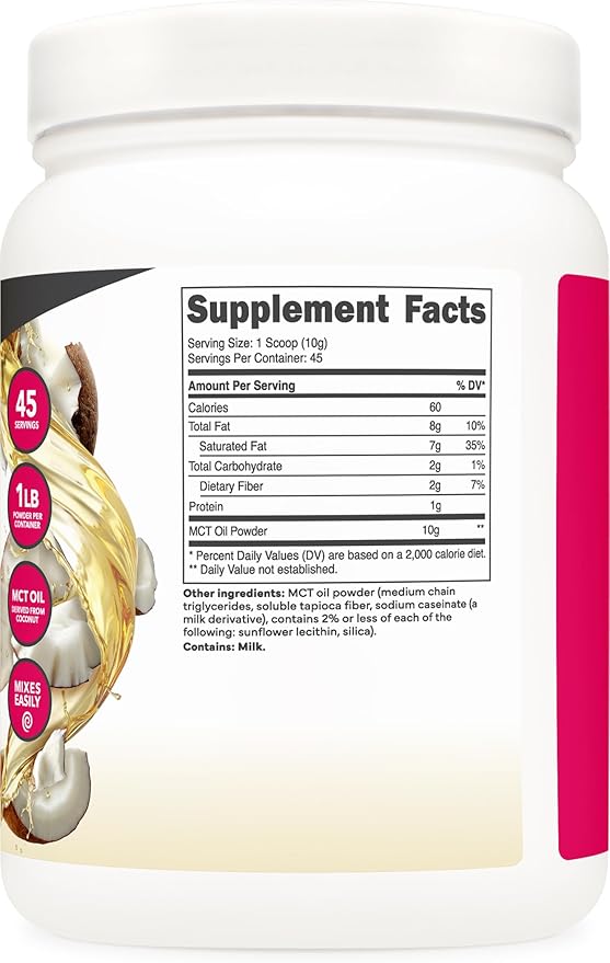 Ketologic MCT Oil Powder (1 LB) (Unflavored) - 45 Servings, Medium Chain Triglycerides Powder Supplement