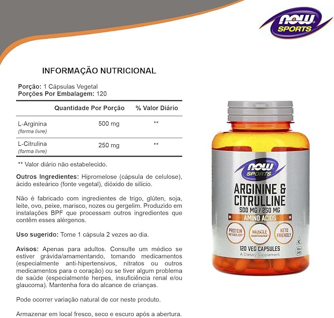 Now Foods Arginine 500mg with Citrulline 250 mg-120 Capsules