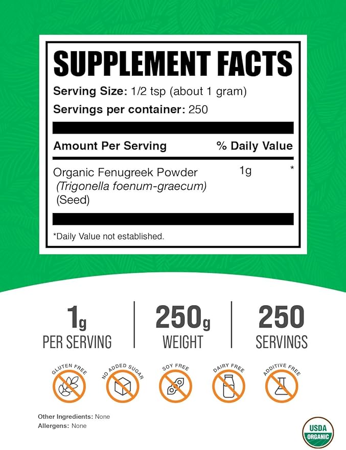 BulkSupplements.com Organic Fenugreek Powder - from Organic Fenugreek Seeds, Trigonella foenum-graecum - Gluten Free, 1g per Serving, 250g (8.8 oz) (Pack of 1)