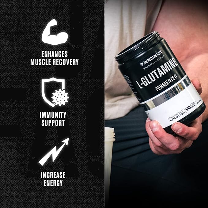 Jacked Factory L-Glutamine Powder 100 Servings - Vegan Fermented L Glutamine Supplement for Post Workout Muscle Recovery, Immunity, Digestive Health | No Artificial Filler - Unflavored