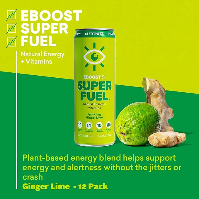 EBOOST Super Fuel Natural Energy Drink - Ginger Lime - 12 Pack x 11.5 Fl Oz - Natural Caffeine from Coffee and Green Tea - Essential Electrolytes, Nootropics, and Vitamins - Sports Preworkout Drink