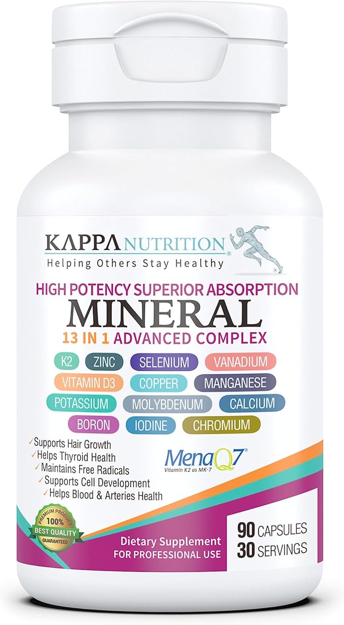 KAPPA NUTRITION (90 Capsules,Vitamin K2, Vitamin D3, Zinc, Selenium, Vanadium, Copper, Manganese, Potassium, Molybdenum, Calcium, Chromium, Iodine, Boron, Mineral 13 in 1 Advanced Complex, from
