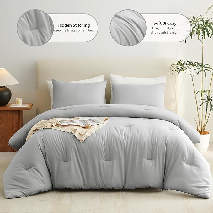 CozyLux Light Grey Comforter Set Full Size, 3 Pieces Solid Breathable Quilted Style Bedding Sets, Light Gray Luxury Fluffy Bed Set Soft Microfiber Comforter All Season (1 Comforter & 2 Pillowcases)
