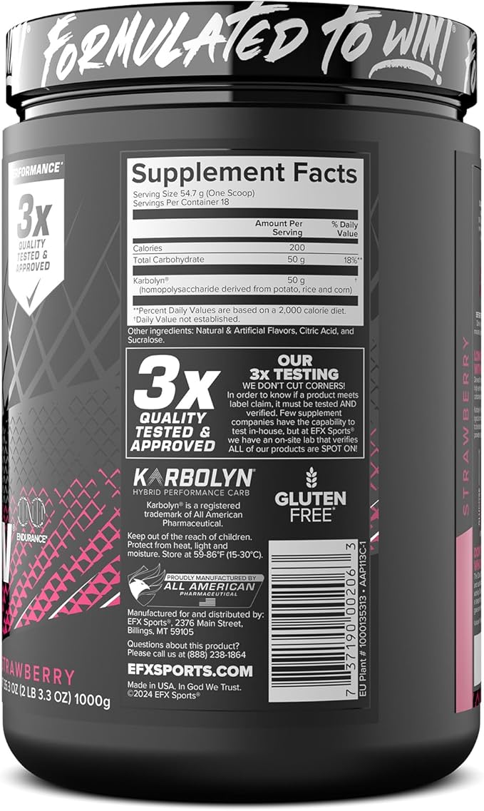 EFX Sports Karbolyn Fuel | Fast-Absorbing Carbohydrate Powder | Carb Load, Sustained Energy, Quick Recovery | Stimulant Free | 18 Servings (Strawberry)