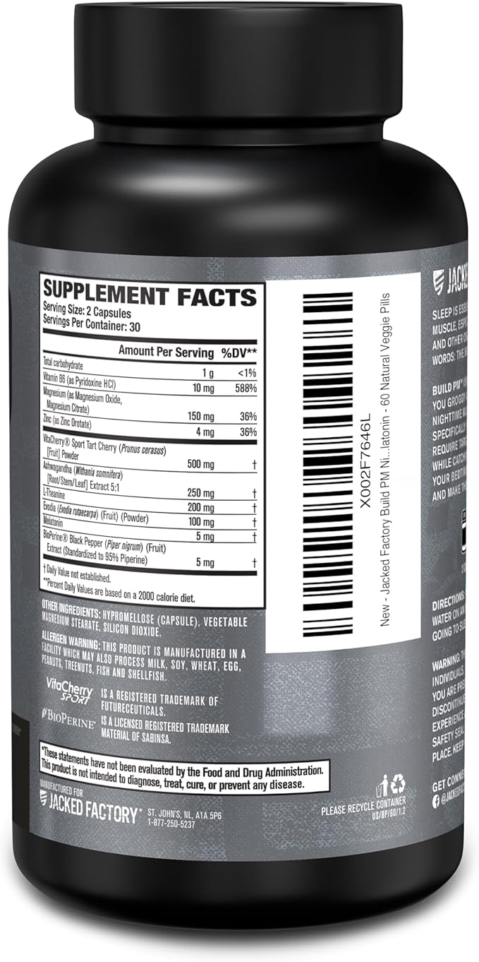 Jacked Factory Build PM Night Time Muscle Builder & Sleep Aid - Post Workout Recovery & Sleep Support Supplement w/VitaCherry Tart Cherry, Ashwagandha, & Melatonin - 60 Natural Veggie Pills