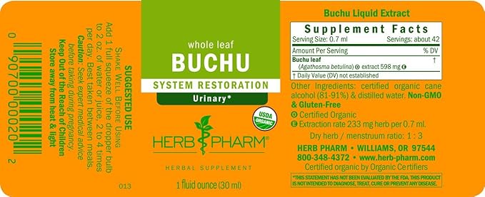 Herb Pharm Certified Organic Buchu Liquid Extract for Urinary System Support, 1 Fl Oz