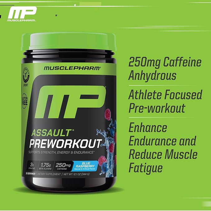 Muscle Pharm Assault Energy & Strength Pre Workout Powder for Men & Women with Beta Alanine, Caffeine, Creatine & Betaine Anhydrous, Pre-Workout Supplements, 30 Servings, Blue Raspberry Flavor