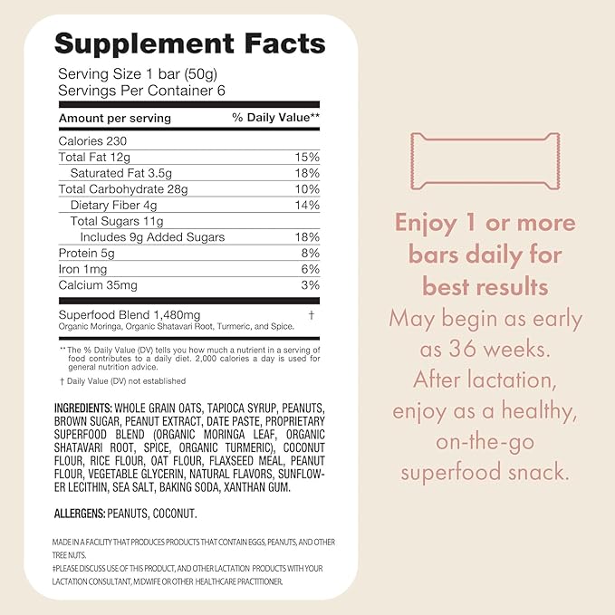Boobie Bar Superfood Peanut Butter Lactation Bar for Breastfeeding Moms to Increase Milk Supply | #1 Selling Lactation Snack Bars | Vegan, Fenugreek-Free, Gluten-Free, Dairy-Free (12 Bars)