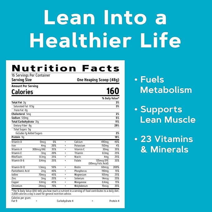 GNC Lean Shake Classic Meal Replacement Powder, Clinically Proven Weight Management, High Fiber with 23 Vitamins and Minerals, Healthy Cholesterol Levels, 9g Protein, Oat Fiber, Vanilla Bean, 16 Servings