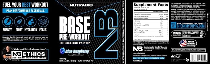 NutraBio Base Pre-Workout Powder 200mg Caffiene, Sustained Energy, Focus, Endurance, Pump, Sugar Free, Clean Preworkout for Men and Women - Beta Alanine, L-Tyrosine, 30 Servings - Blue Raspberry