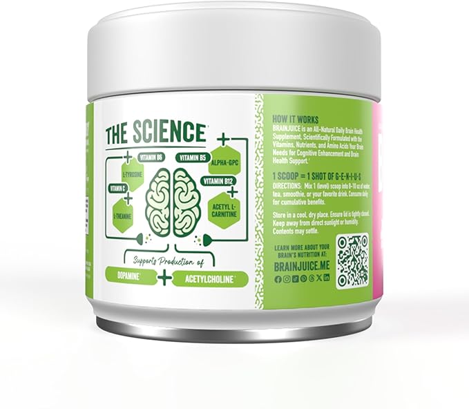 BrainJuice Nootropics Brain Support Supplement, Gluten Free Powder for Energy and Focus, Drink Mix with L Theanine, Alpha GPC, Vitamin B, Organic Green Tea Extract Caffeine, Watermelon, 15 Servings