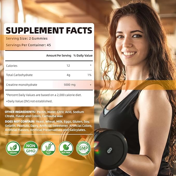 Creatine Monohydrate Gummies 5000mg for Men & Women, Chewables Creatine Monohydrate for Muscle Strength, Muscle Builder, Energy Boost, Pre-Workout Supplement(90 Count)-Pineapple.