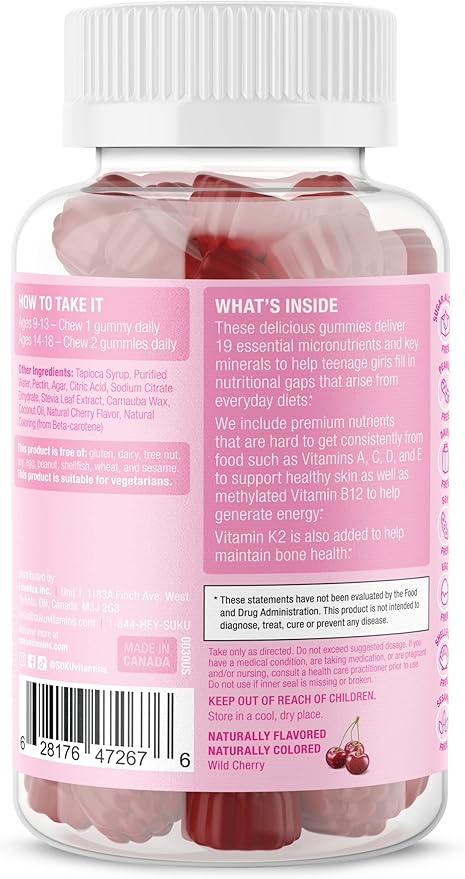 SUKU Teen Girl Multivitamin Gummies – Vitamins A, B12, C, D3, E, Biotin & Zinc – Sugar-Free Vegetarian Supplement for Skin, Energy, Immune & Bone Health – Cherry Flavor – 60 Count
