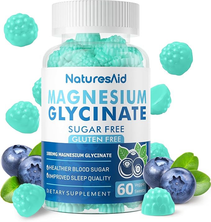 Magnesium Glycinate Gummies 1000mg - Sugar Free Magnesium Potassium Supplement with Vitamin D, B6, CoQ10 for Calm Mood & Sleep Support - 60 Blueberry Gummies -1 Pack