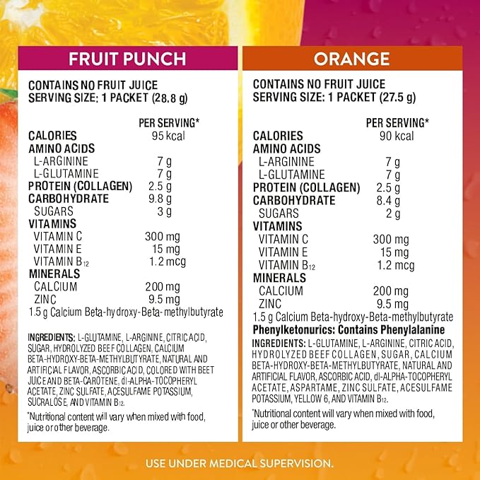 Juven Therapeutic Nutrition Drink Powder Including Collagen Peptides, Amino Acids, and HMB For Wound Healing Support, Variety Pack: Orange & Fruit Punch, 30 Packets