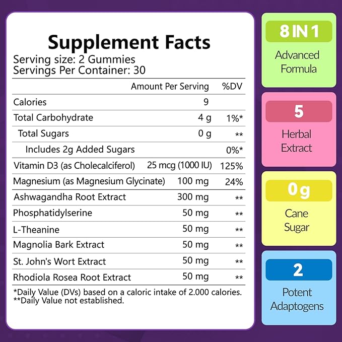 Cortisol Supplement Gummies for Women, Lower Cortisol with Phosphatidylserine Ashwagandha Magnesium, Stress Relief, Vegan Sugar Free, 60 Count