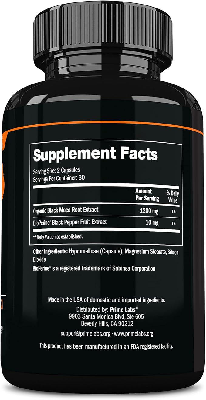 Prime Labs Organic Black Maca Root Capsules 1,200mg - Stamina, Drive, Energy, Vitality - Peruvian 20:1 Extract - for Men & Women - 60 Count