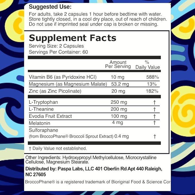 Sleep Support – Helps Remove Caffeine Before Bed with Sulforaphane, Evodia Fruit, Melatonin (4mg), Magnesium, L-Tryptophan & B6 – Non-Habit Forming Natural Sleep Aid – 120 Capsules, 60-Day Supply