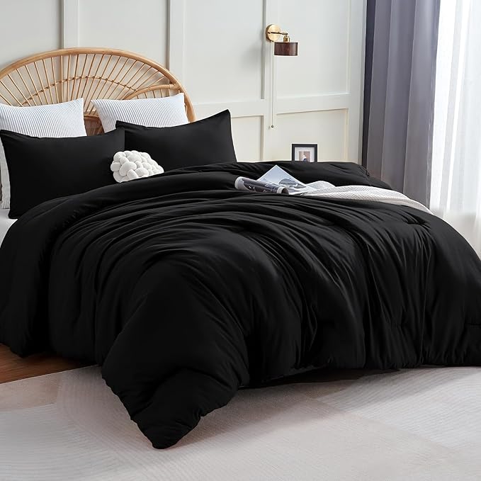 CozyLux Comforter Full Size Set Black, 3 Pieces Solid Lightweight Soft Bed Set for All Season, Luxury Breathable Quilted Style Microfiber Down Alternative Bedding Sets (1 Comforter & 2 Pillowcases)