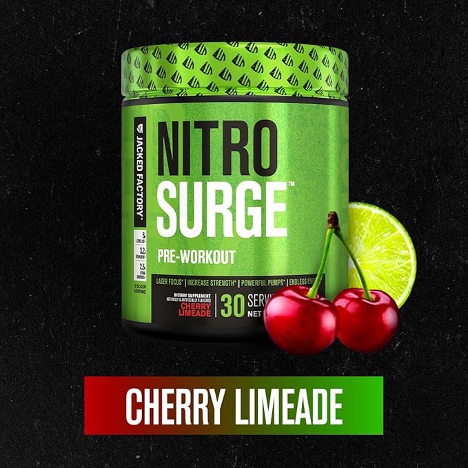Jacked Factory Nitrosurge Pre-Workout in Cherry Limeade & Build XT Muscle Building Bundle for Men & Women