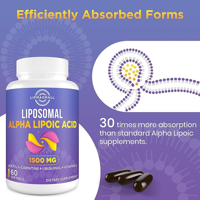 Liposomal Alpha Lipoic Acid 1500mg-with Acetyl-L-Carnitine 900mg& Ubiquinol 100mg& Vitamin E 15mg,ALA Supplement for Antioxidants Glucose Metabolism Nerve Energy Cardiovascular,60 Softgels