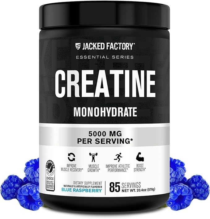Jacked Factory Flavored Creatine Monohydrate Powder 425g - Creatine Supplement for Muscle Growth, Strength & Performance - 85 Servings, Blue Raspberry