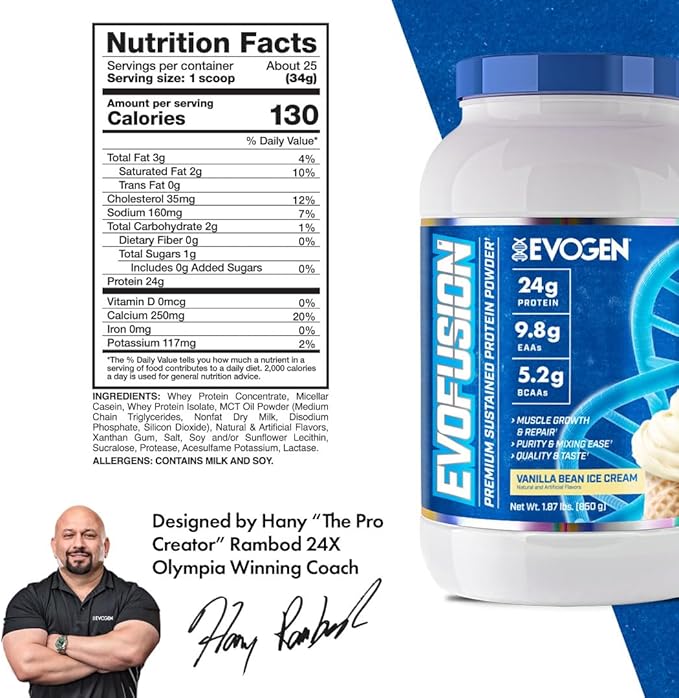 Evogen Evofusion - Sustained Protein Powder | Supports Muscle Growth & Repair | Whey Protein, Micellar Casein, MCT Oil | Vanilla Bean Ice Cream | 25 Servings