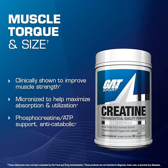 GAT SPORT Creatine Monohydrate Powder, 300 Grams, Strength, Brain Health, Anti-oxidant, Endurance, for Men & Women, 2 Month Supply, Unflavored (60 Servings)