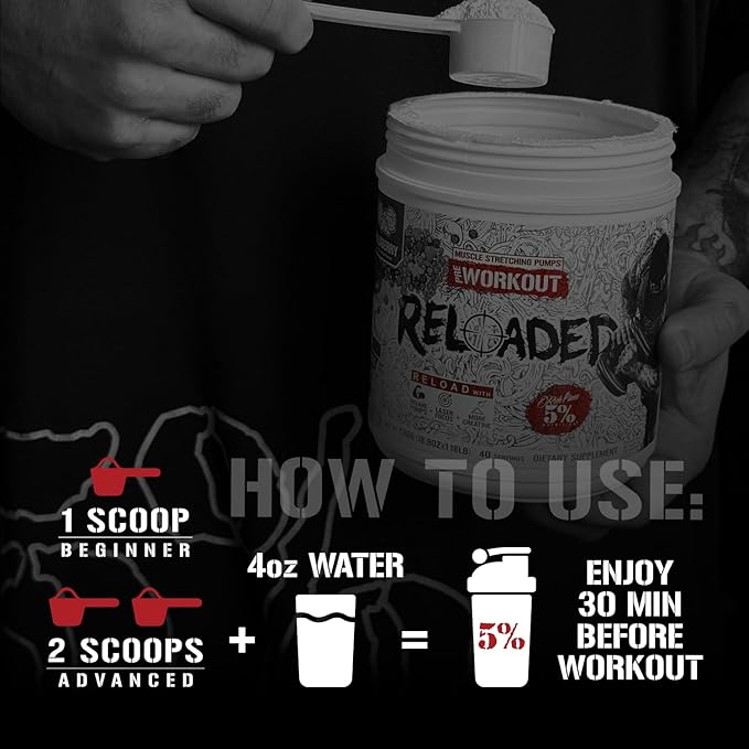 5% Nutrition Rich Piana Reloaded High Stim Pre-Workout | Ultra Energy, Focus, Pumps, Power & Endurance | Citrulline, GlycerSize, Nitrosigine, Creatine, Choline, Huperzine A (Blue Raspberry)