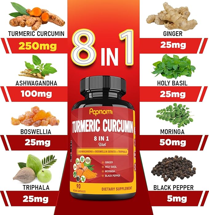 Turmeric Curcumin Extract Capsules - 90 Counts 3 Month Supply - Blended Ashwagandha, Moringa, Ginger & More - Immunity, Joint, Digestive & Wellness Support