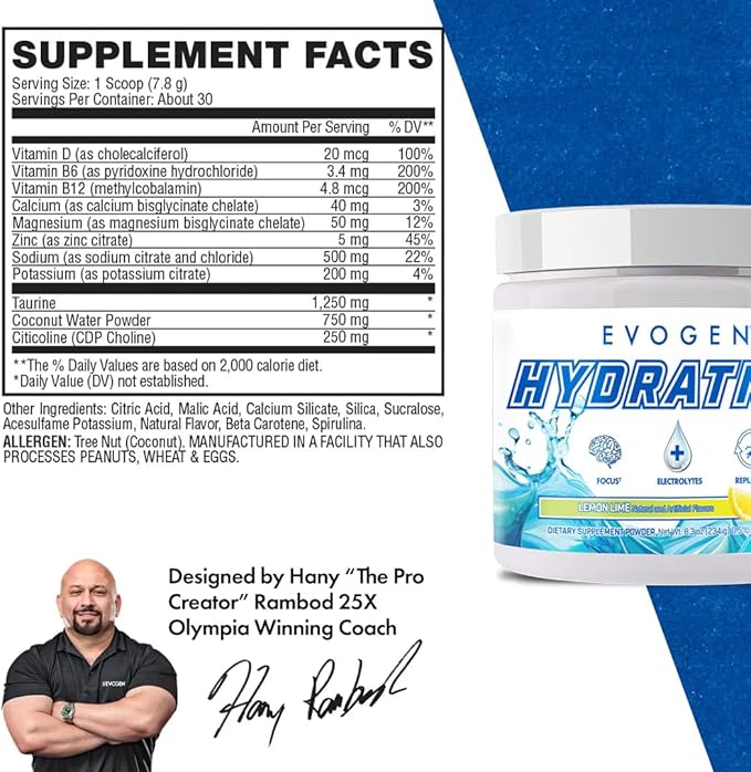 Evogen Hydration - Full Spectrum Electrolytes Powder | Sugar-Free Electrolyte Powder Supplement for Hydration, Energy, and Recovery | Coconut Water, B Vitamins, Potassium | Lemon Lime | 30 Servings