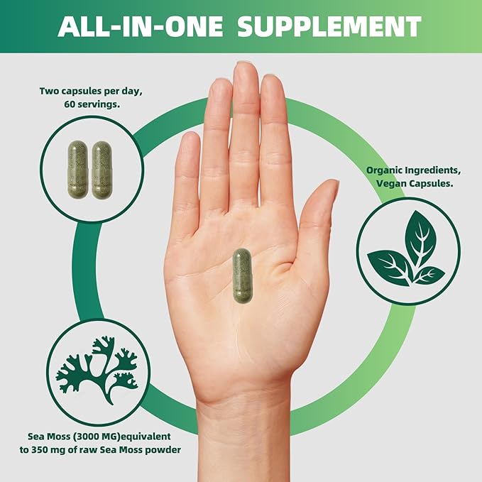 Sea Moss Capsules โ 16-in-1 Sea Moss Supplement with Bladderwrack, Burdock Root, Black Seed Oil, Ashwagandha โ Immune Support & Energy Booster โ 60 Vegan Capsules (19445mg)