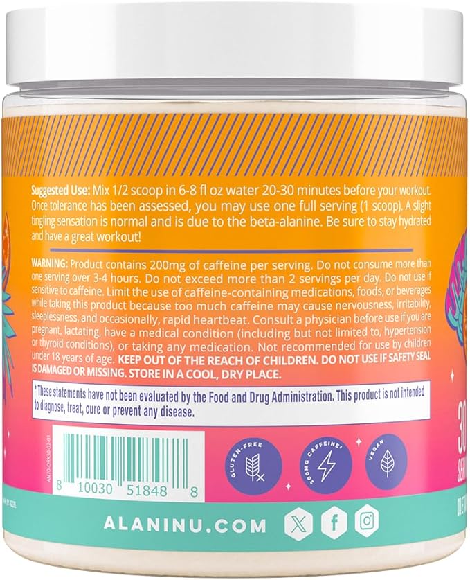 Alani Nu Pre Workout Powder Orange KISS, Amino Energy Boost, Endurance Supplement, Sugar Free, 200mg Caffeine, L-Theanine, Beta-Alanine, Citrulline, 30 Servings