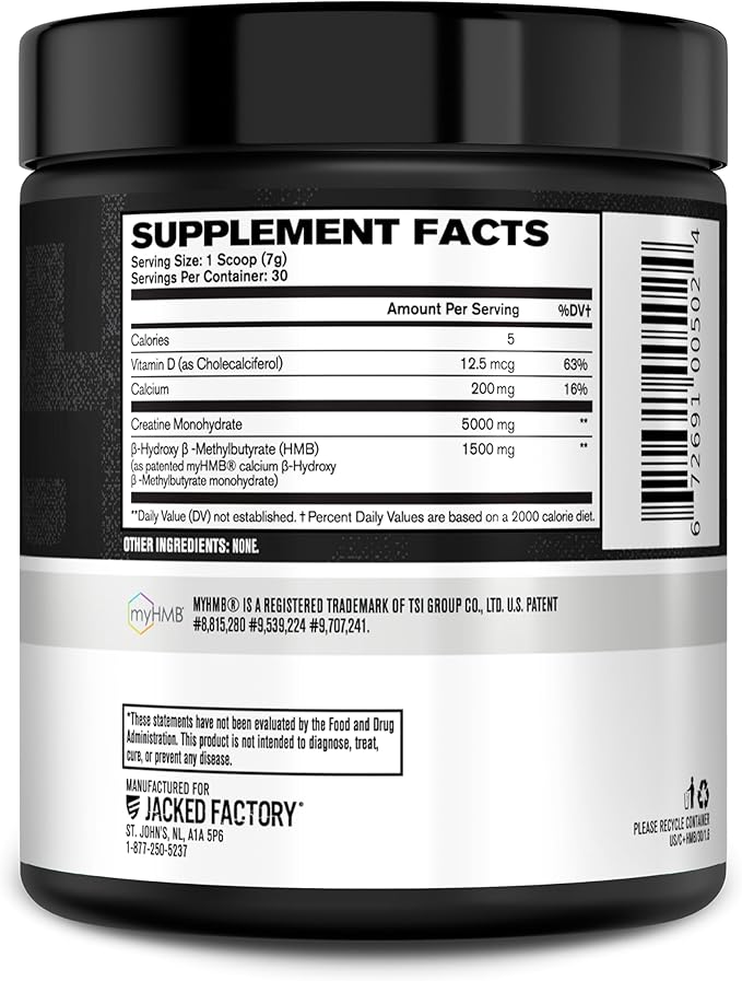 Jacked Factory Creatine Monohydrate + HMB - Creatine Dietary Sports Nutrition Bodybuilding Supplement for Men and Women - Muscle Growth, Increased Strength, Enhanced Energy - 30 Servings, Unflavoured